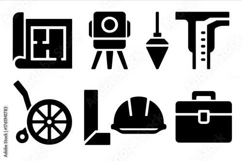 Construction Measurement silhouette set: blueprint, laser level, plumb bob, caliper, measuring wheel, angle tool, hard hat, toolbox.