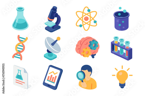 Scientific Inquiry flat isometric set: laboratory flask, microscope lens, particle model, beaker bubbles, DNA strand, satellite dish, brain with gears, test tube rack, scientific