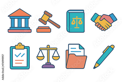 Legal Mediation flat isometric set: courthouse, gavel, law book, handshake, clipboard, balance, file, pen.