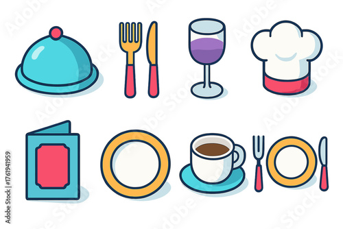Restaurant & Dining flat isometric set: cloche, fork and knife, wine glass, chef hat, menu, plate, coffee cup, table setting.