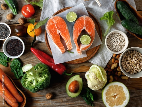 Healthy Balanced Diet Ingredients with Fresh Salmon and Vegetables