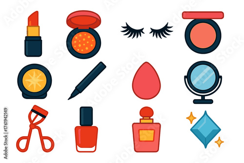 Glam Makeup Collection flat icons: red lipstick, glitter eyeshadow, dramatic lashes, blush compact, gold highlighter, eyeliner pen, beauty blender, mirror, hair curler, nail polish