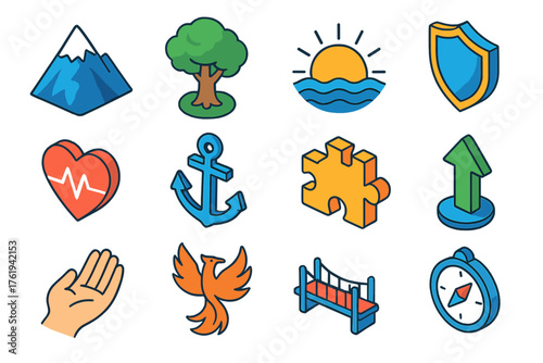 Resilience Symbols flat isometric set: mountain peak, strong tree, rising sun, shield, heart with pulse, anchor, puzzle piece, growth arrow, steady hand, phoenix bird, bridge,