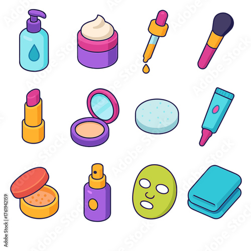 Beauty Routine Icons flat isometric set: cleanser, moisturizer, serum dropper, foundation brush, lip balm, compact mirror, cotton pad, eye cream, setting powder, glow mist, face