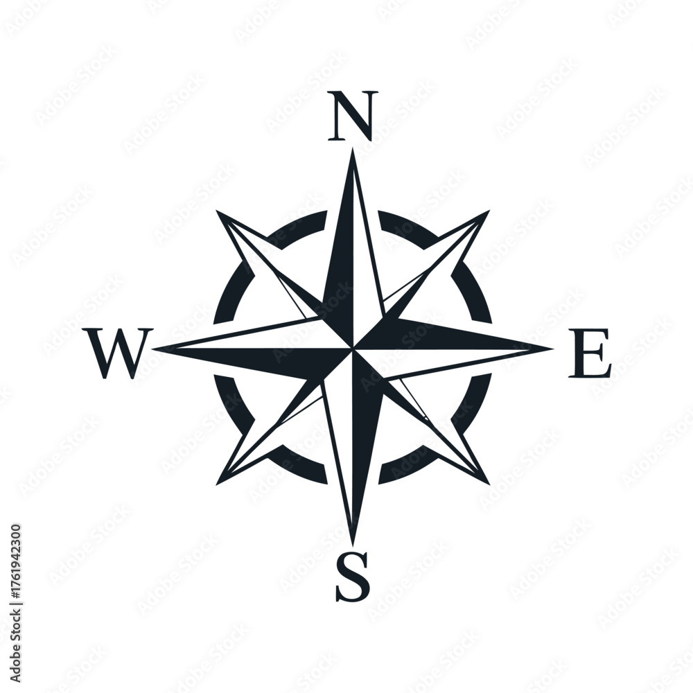 Obraz premium Black and white compass rose with cardinal directions and starburst design