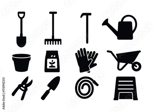 Essential gardening tools illustration: shovel, rake, watering can, and more