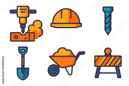 Construction Grinding flat icons: jackhammer, concrete block, safety helmet, dust cloud, drill bit, wheelbarrow, shovel, site barrier.