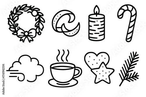 Christmas Scents outline icon set: wreath of herbs, citrus peel, beeswax candle, peppermint stick, winter air puff, cup of coffee, spiced cookies, evergreen twig.