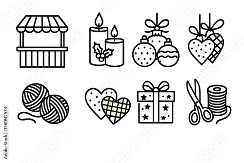 Festive Market Crafts outline icon set: craft stall, holiday candles, painted ornaments, yarn balls, fabric hearts, gift wrap, scissors, twine.