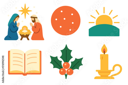 Christmas Reflection flat icons: nativity scene, gentle snow, sunrise, open book, holly leaf, candle holder.