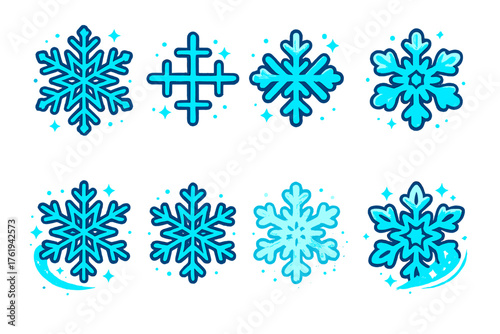 Festive Snowflakes — classic line art flat icons: intricate crystal, cross pattern, frosty edge, tiny dots, cool breeze, layered shape, glimmer trail, snow dust.