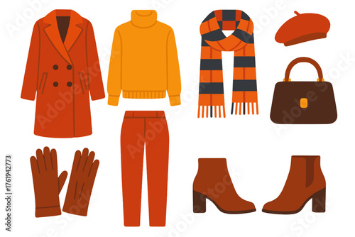 Fashionable Warmth — Chic layers flat icons: wool coat, turtleneck sweater, plaid scarf, leather gloves, beret, ankle boots, tailored pants, handbag.