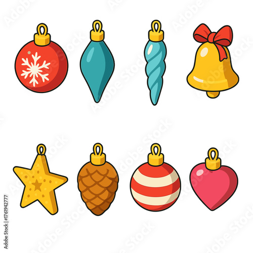 Christmas Ornaments Classic Glass flat isometric set: round bauble with snowflake, teardrop ornament, glass icicle, bell with bow, glitter star, pinecone shape, striped ball, heart