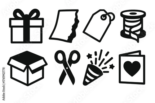 Christmas Morning Gift Unwrapping silhouette set: wrapped present with bow, torn wrapping paper, gift tag, ribbon spool, open cardboard box, pair of scissors, confetti burst, thank