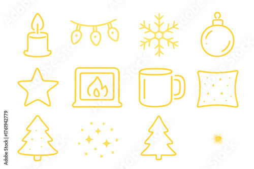 Christmas Mood Modern Glow outline icon set: LED candle, fairy lights, neon snowflake, glass ornament, glowing star, digital fireplace, metallic mug, shimmer pillow, reflective