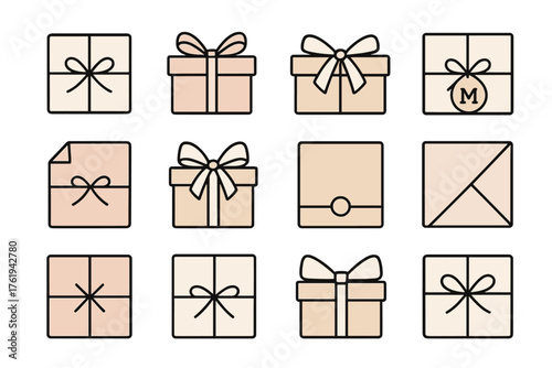 Gift Presentation Modern — Soft Pastel Icons outline icon set: geometric boxes, metallic ribbon, monogram tag, neutral tones, folded wrap, clean lines, white bow, minimalist paper,