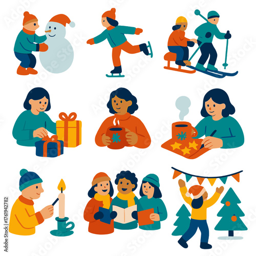 Winter Activities flat icons: snowman making, skating, sleigh ride, skiing, wrapping gifts, drinking cocoa, baking treats, writing cards, candle lighting, caroling, decorating home