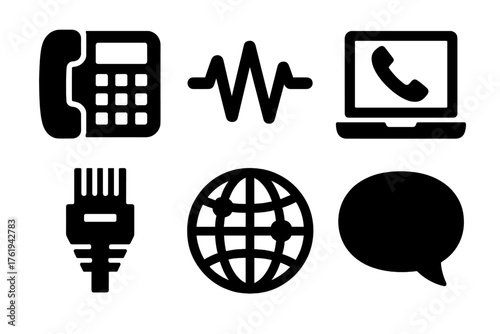 VoIP silhouette set: digital phone, waveform, laptop with call, ethernet plug, globe with nodes, talk icon.