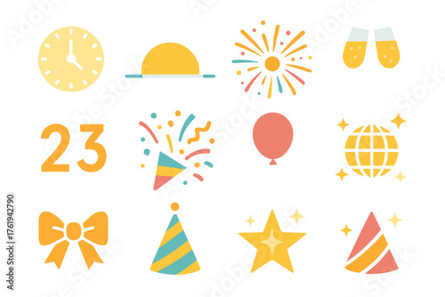 New Year Anticipation flat icons: clock face close-up, glowing horizon, bursting fireworks, champagne glasses, countdown numbers, confetti burst, balloon string, sparkling sky,