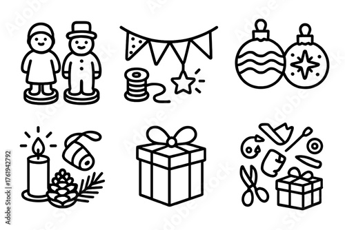 Festive Market Crafts outline icon set: clay figurines, festive garland, painted baubles, sewing thread, craft supplies, pinecone decor, warm light, handmade gifts.