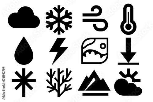 Cold Front Systems silhouette set: cloud, snowflake, wind swirl, thermometer, raindrop, lightning bolt, weather map, pressure arrow, ice crystal, frost pattern, mountain, sun