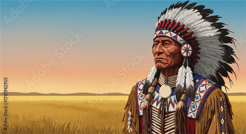 Portrait of a Native American man wearing traditional headdress and regalia standing in a vast open field at sunset.