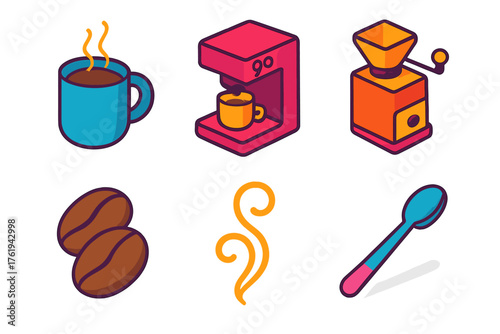 Coffee Rituals flat isometric set: coffee mug, espresso machine, grinder, beans, steam swirl, spoon.
