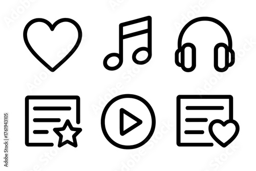 Favorite Songs outline icon set: heart, music note, headphones, playlist, star, play symbol.