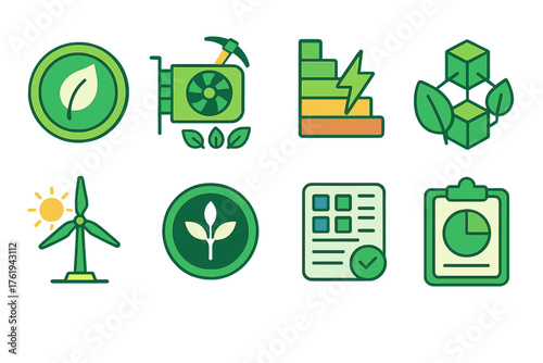 Sustainable Blockchain Finance flat icons: green crypto badge, carbon-neutral mining icon, energy efficiency chart, eco blockchain network, renewable power source symbol, ESG