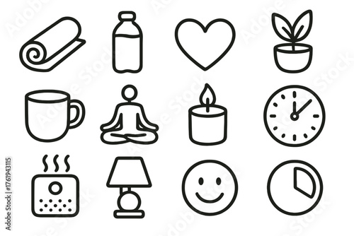 Wellness Work-from-Home Tools set of icons in doodle hand-drawn vector style: yoga mat, water bottle, heart icon, plant, coffee mug, meditation symbol, candle, clock, air purifier,