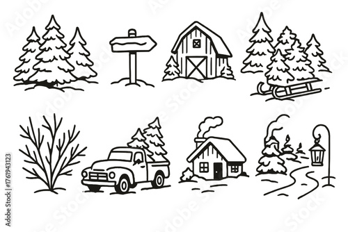 Winter Tree Farm Scenes outline icon set: snow-covered pines, wooden signpost, red barn in snow, sled with trees, frost-covered branches, pickup truck loading trees, smoke from