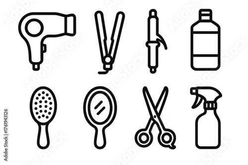 Styling Routine outline icon set: hair dryer, straightener, curling iron, styling gel, brush, mirror, scissors, spray bottle.