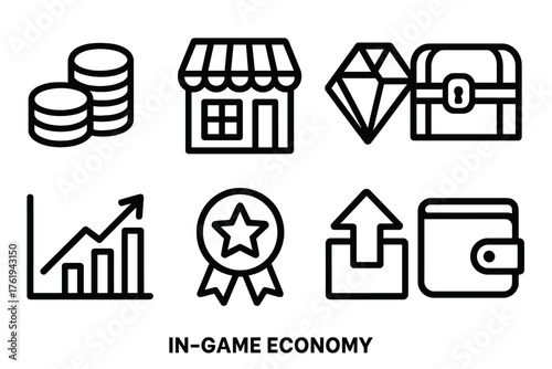 In-Game Economy outline icon set: gold coins, item shop, energy gem, bonus chest, currency chart, premium badge, upgrade icon, player wallet.