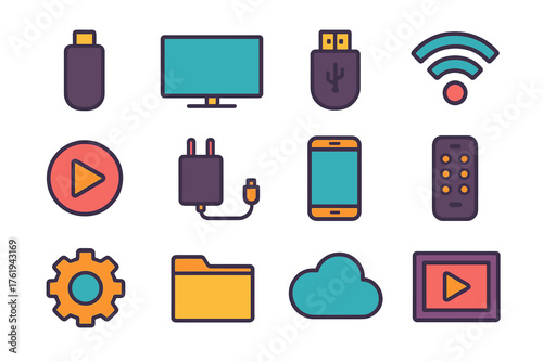 Streaming Sticks flat icons: dongle, TV screen, HDMI plug, Wi-Fi waves, play icon, power adapter, smartphone, remote control, settings gear, folder, cloud, video frame.