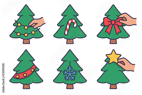 Winter Tree Decoration flat icons: light string, candy cane hanging, bow attaching, garland twist, snowflake ornament, topper placement.