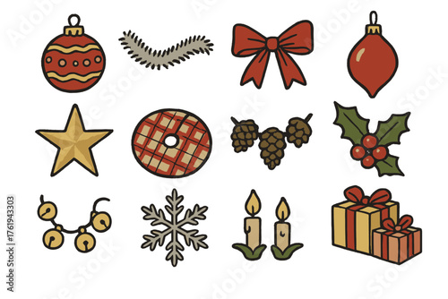Classic Holiday Tree Accessories set of icons in doodle hand-drawn vector style: red and gold ornaments, silver tinsel, velvet ribbon, glass baubles, gold star topper, plaid tree
