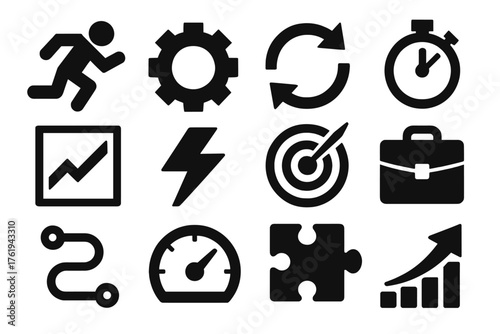 Business Agility silhouette set: running figure, gear icon, arrow loop, stopwatch, chart line, lightning bolt, target, briefcase, flexible path, speed gauge, puzzle piece, growth