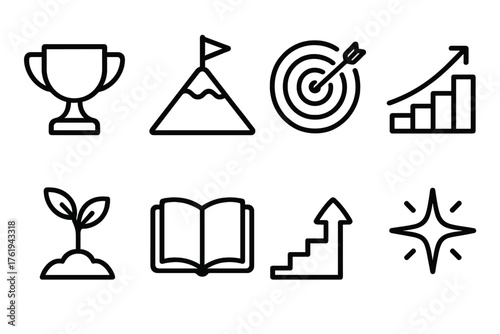 Personal Growth outline icon set: trophy, mountain peak, flag marker, target arrow, upward staircase, growth plant, book, glowing star.