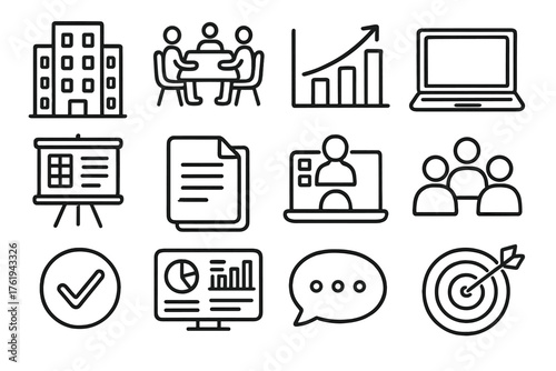 Corporate Virtual Teams set of icons in doodle hand-drawn vector style: office building, meeting room, bar chart, laptop, project board, document folder, video conference, team