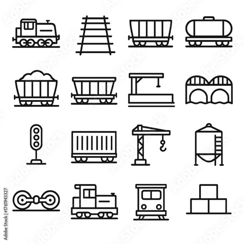 Rail Cargo outline icon set: freight train, rail tracks, cargo wagon, oil tanker, coal cart, grain car, station platform, bridge, signal light, shipping container, crane arm,