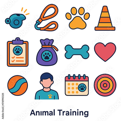 Animal Training Classes flat icons: whistle, leash, paw print, cone, clipboard, treat bag, bone, heart, toy ball, trainer icon, calendar, target.