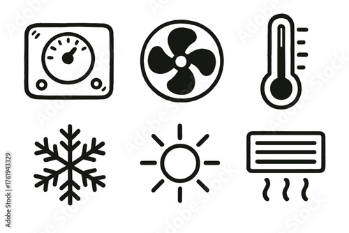 Climate Control set of icons in doodle hand-drawn vector style: thermostat, fan icon, temperature gauge, snowflake, sun symbol, air vent.