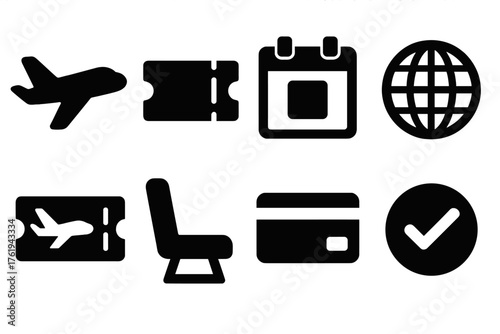 Flight Booking silhouette set: airplane icon, ticket stub, calendar date, globe symbol, boarding pass, seat selection, payment card, confirmation checkmark.