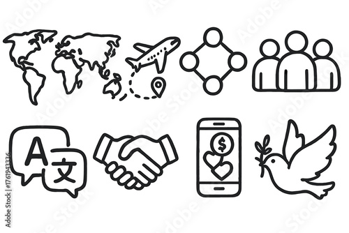 Global Outreach set of icons in doodle hand-drawn vector style: world map, airplane route, network nodes, community group, language bubble, partnership handshake, mobile donation,