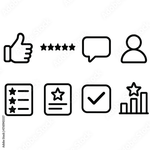 User Recommendations outline icon set: thumbs up icon, star rating, comment bubble, user avatar, review list, suggestion card, approval check, ranking chart.