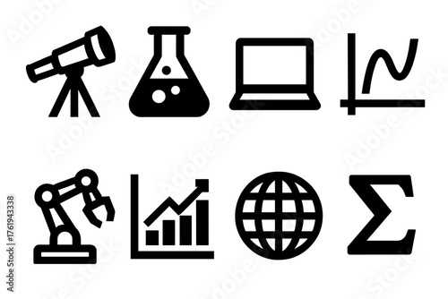 Science and Technology silhouette set: telescope, chemistry flask, laptop, mathematical graph, robot arm, data chart, globe icon, formula symbol.