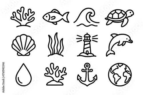 Marine Eco Systems outline icon set: coral, fish, wave, turtle, shell, seaweed, lighthouse, dolphin, water droplet, reef, anchor, ocean globe.