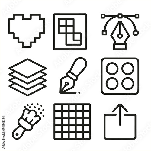 2D Art Style outline icon set: pixel heart, sprite sheet, vector pen, color palette, layer stack, texture brush, grid canvas, export icon.