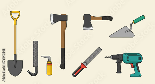 Vector illustration of hand tools for construction work on beige background