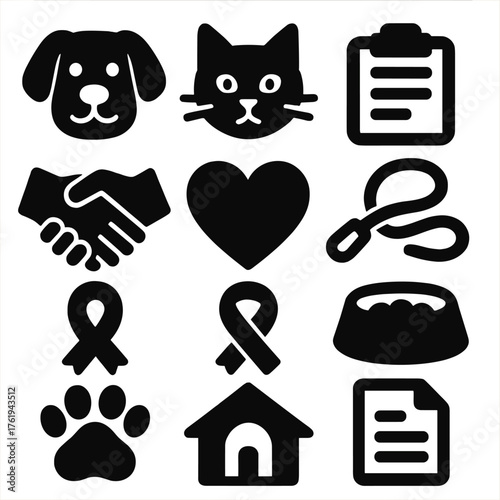 Adopt Don’t Shop silhouette set: dog, cat, heart, clipboard, handshake, leash, ribbon, food bowl, paw print, shelter house, smile icon, document.